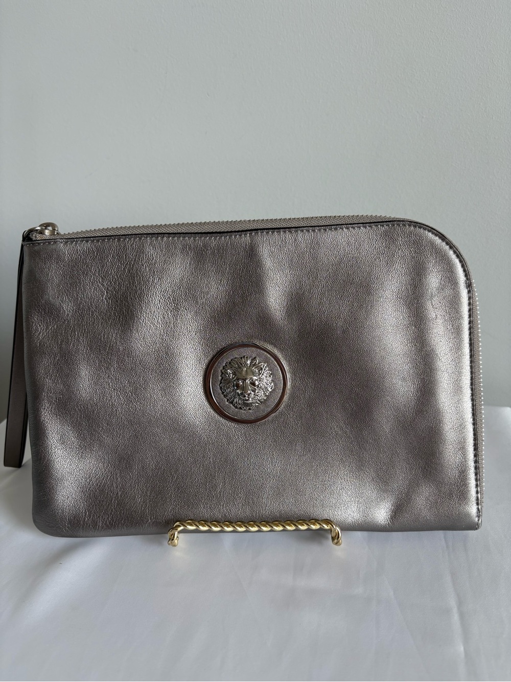 Versus Versace Metallic Silver Leather Zip Pouch with Lion Head Medallion